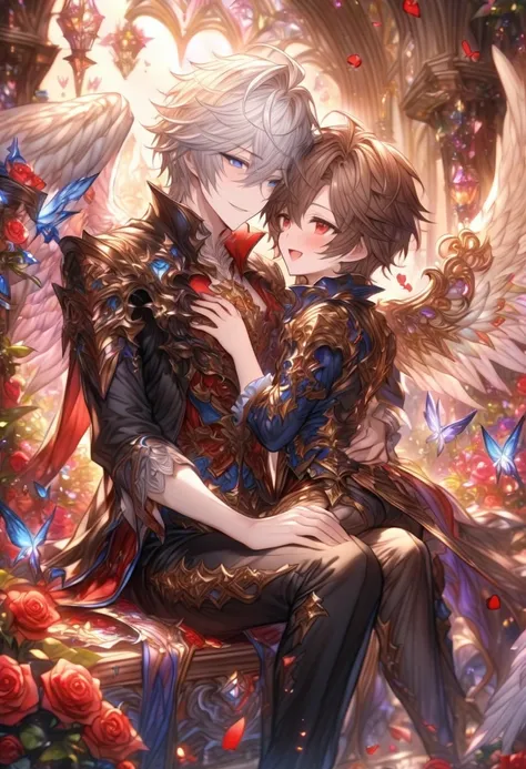 absurdres, highres, ultra detailed, HDR, master piece, best quality, Lucifer chibi, white hair, expressive blue eyes, Granblue Fantasy, Sandalphon chibi, brown hair, expressive red eyes, angel wings, black clothes, black pants, chibi, two males together, y...