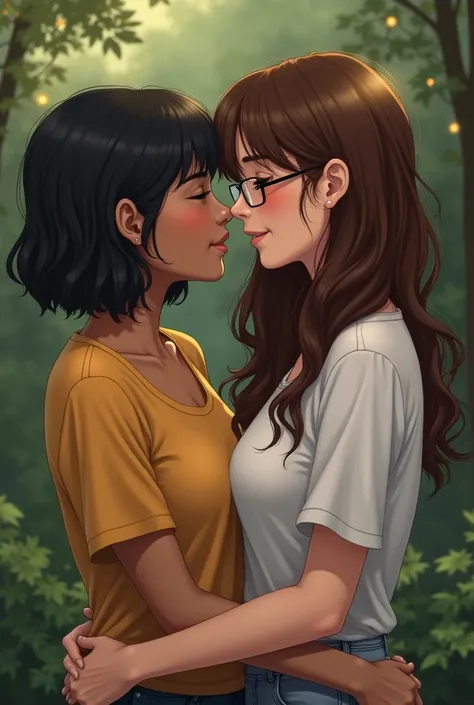 Two girlfriends looking at each other hugging each other. A black woman with short wavy hair, brown and with bangs. Another black woman, long wavy brown hair with bangs and modern glasses