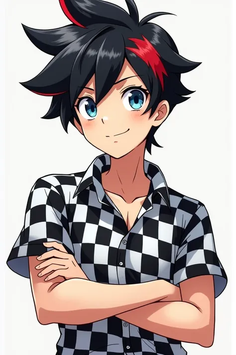 A tall, cheerful, muscular 2 boy who wears a black and white checkered shirt, has black hair with red tips, blue eyes, and white skin in the anime version. 