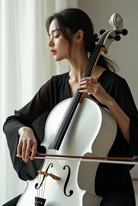 A woman plays white cello