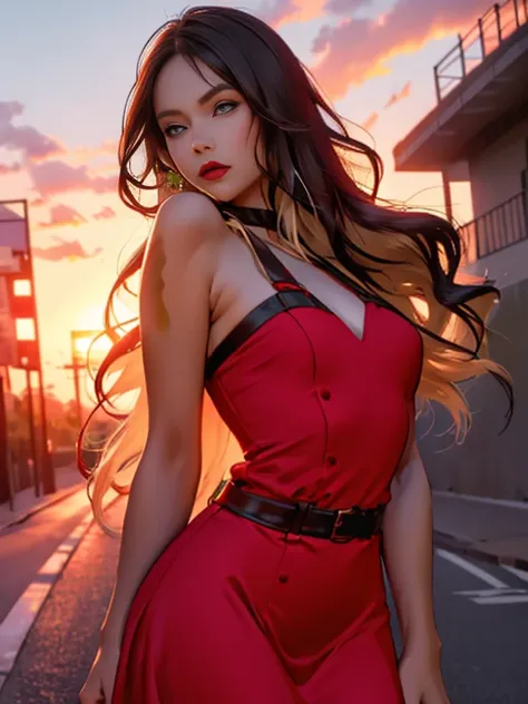 give me a light brunette woman she has long straight hair her mouth is small she is super pretty she is wearing red lipstick she is wearing a red dress she has an average body the place where she is is on a road with a sunset sun in the background try to m...