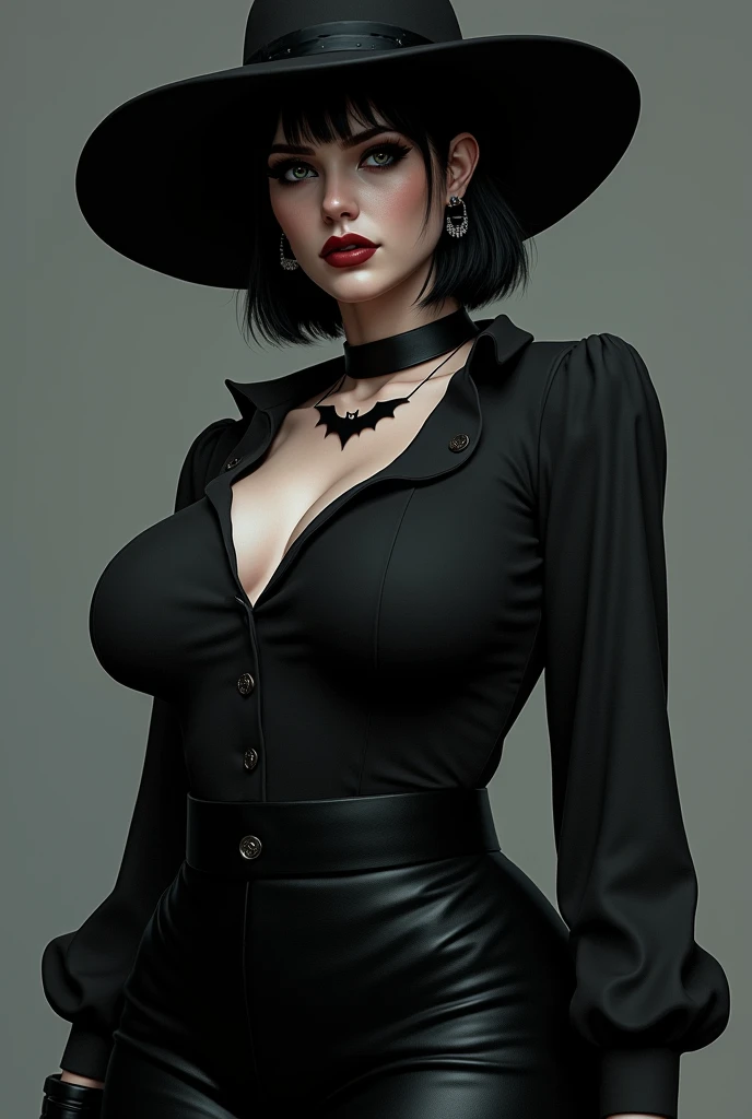 A woman with a full body, goth with black hat, wearing a black long sleeve shirt, short black hair, through the clear, breasts big, rounded face, bat necklace and bat earrings