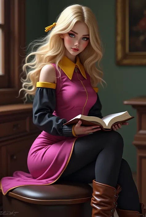 Make a blonde woman with long hair, fuchsia sleeveless dress with yellow trim collar, black stockings, black long sleeve t-shirt, long brown leather boots and a book in hand invoking