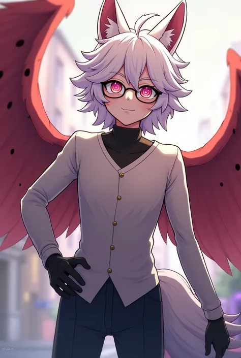 make me an oc of Boku no hero academia genre: Male skin: White hair: Ash blonde, white back hair, a pink lock of background: AU hall pose: right hand on waist Characteristics: He has white ears that are like a wolf, has a rabbit&#39;s tail, soft angel wing...