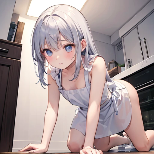 Beautiful girl dangles a broken balloon from her mouth、Flat Chest、White liquid dripping from the mouth、Lean back on all fours、Naked Apron、See-through、(Looking into the camera、Looking down:1.5)、kitchen、Wide viewing angles、White liquid on thighs、Straddle、(Un...