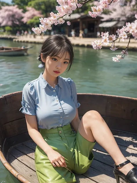 (girl with:1.1),(Big Breast:1.3),(thick thighs:1.4),(High concentration of toxic gas:1.5), (Cherry blossoms blooming on the riverbank), (Blouse:1.5),Bangs,(Short pants:1.5),(Spread legs:1.2), A quaint lakeside village with colorful rowboats on the shore, C...