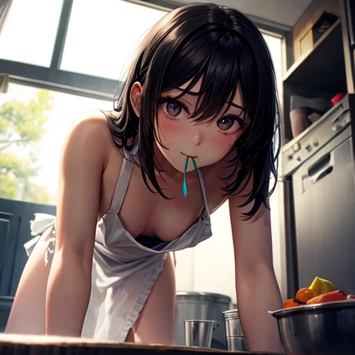 Beautiful girl dangles a broken balloon from her mouth、Flat Chest、White liquid dripping from the mouth、Lean back on all fours、Naked Apron、See-through、(Looking into the camera、Looking down:1.5)、kitchen、Wide viewing angles、White liquid on thighs、Straddle、(Un...