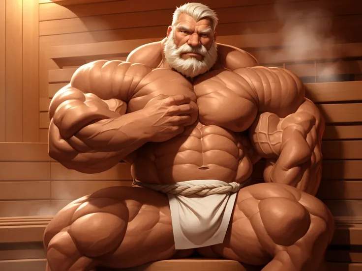 solo, 1boy, perfect anatomy, perfect proportion. huge muscular old man sitting in sauna, steam, wearing fundoshi, pectoral, thic...