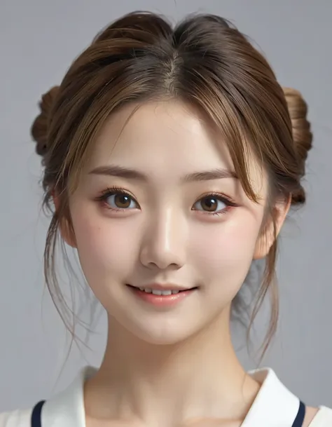 Front view, Japanese cute girl, 18-age, more long face, (beautiful  light brown hair, chignon, hair between eyes, makeup, skin fang, light smile), (( Surrealism, depth of field, UHD, masterpiece, accurate, anatomically correct, textured skin, super detail,...