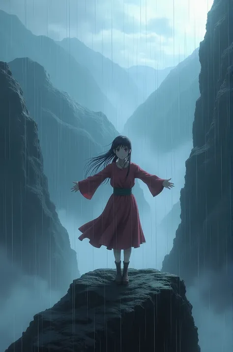 An anime character standing over a valley with open arms in a rainy weather. 