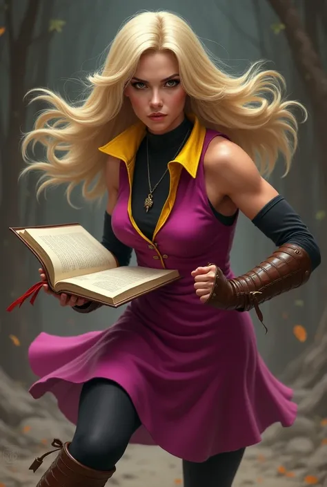 Make an adult blonde woman with long hair, fuchsia sleeveless dress with yellow trim collar, black stockings, black long sleeve t-shirt, long brown leather boots and an open book in his hand in a realistic style attack position. 