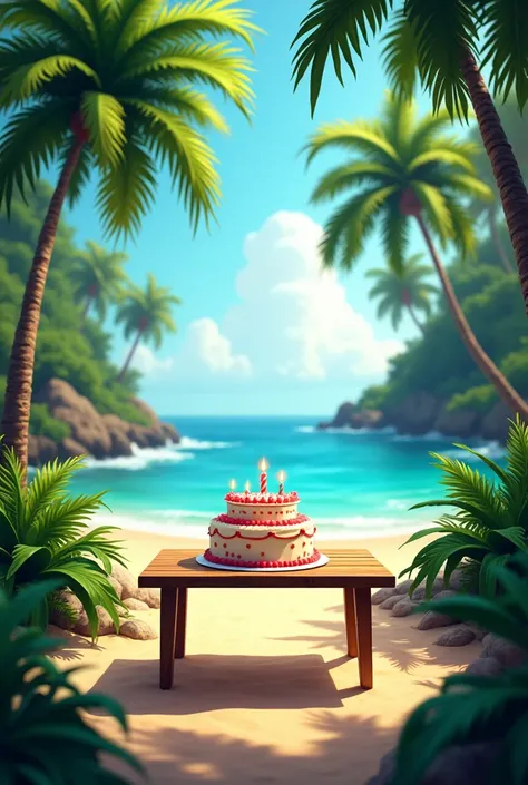 Create a image” happy bday to me 8 September in jungle with natural sea view and a cake sit on table on beach, writer a name on cake “sikander Preet