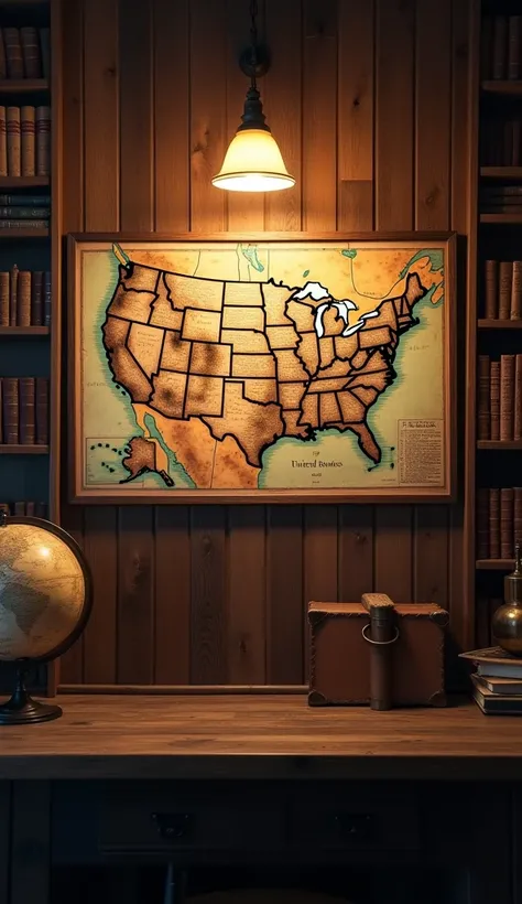 "A vintage map of the United States on a wooden wall, dimly lit by a hanging lamp. The camera focuses on the intricate details of the map, with faded ink markings and old creases. The room feels cozy and historical, with shelves of old books and an antique...