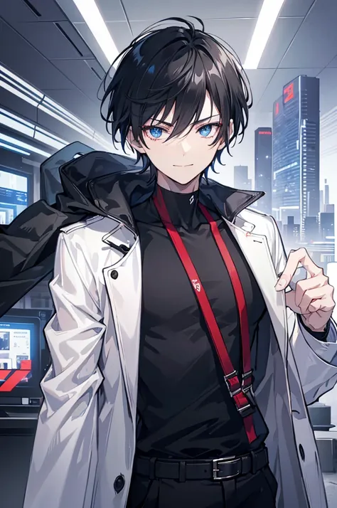 Face_through_torso, 1man, cyberpunk, short_hair(black_hair, hair_between_eyes), sharp_blue_eyes, confident_smile, wearing loose black t-shirt as innerwear, wearing clearly white trench coat, one hand in coat pocket, mature male body proportions(20s)