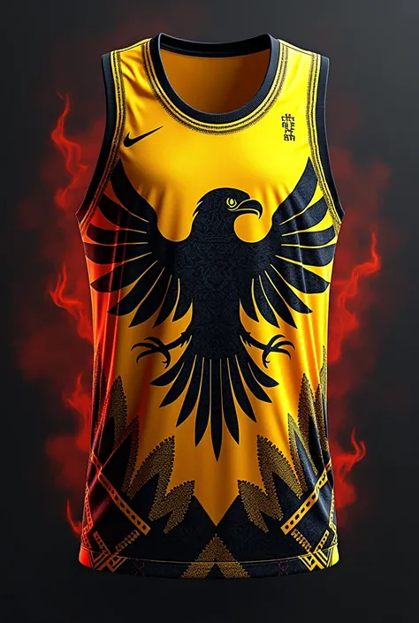 Yellow and black basketball hawks uniform with Aztec-like signs with a little more detail that has a hawk in the middle with a little fire but red