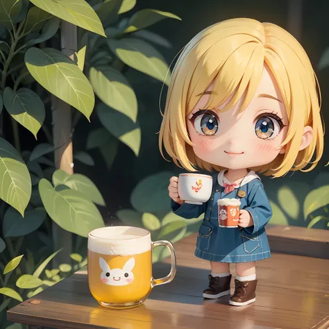 Super Chibi Character：1.8、Blonde Hair、Cute  girl、Cute Costumes、Super Chibi Character：1.8、Super Smile、Holding a beer mug