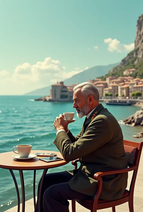 Mustafa Kemal Atatürk drinks coffee at seaside in 2024