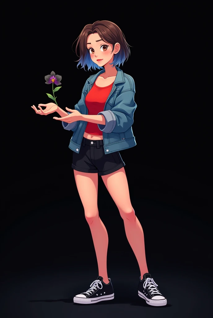 ((art animation 2D)) 20 year old woman, with short wavy brown hair with the tips dyed dark blue, Brown eyes, with good body, wearing a red top, a black shorts, a denim jacket and black converse, with eyes closed, with a black orchid flower levitating in he...