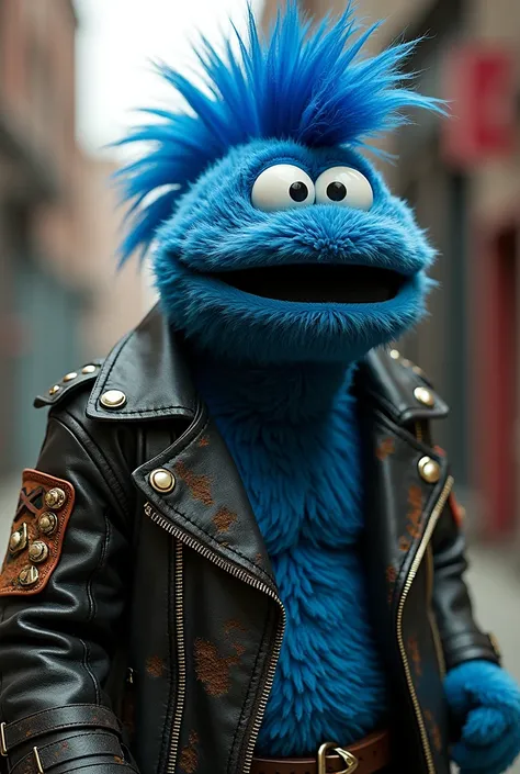   
Cookie monster mohawk and lether jaket punk style
