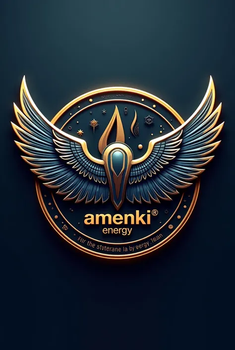 A logo for companies. Using winged disc like ancient Egypt but futuristic 3d style. With wings spread wide. Add text AMENKI® ENERGY. As if it were a winged ship. Add alien symbols 