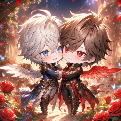 absurdres, highres, ultra detailed, HDR, master piece, best quality, Lucifer chibi, white hair, expressive blue eyes, Granblue Fantasy, Sandalphon chibi, brown hair, expressive red eyes, angel wings, black clothes, chibi, two males together, yaoi, gay coup...