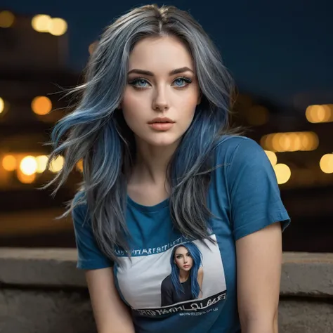  .work of art, best qualityer, extremely detaild, hyper realist, photorrealistic, a beautiful model from the 27s, in the night:1.2, warm toned, warm toned, dark gray t-shirt:1.2, sitting, , eyeshadows,, Face ultra detailed:1.1, blue hair, long hair, pale s...