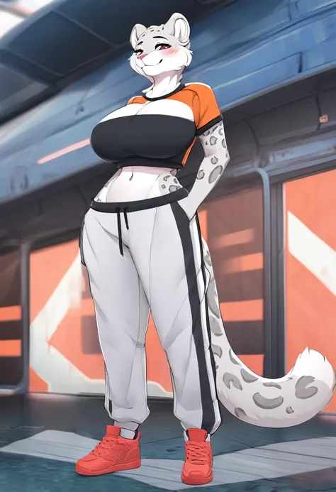 Snow Leopard Anthropomorphic White Leopard Pattern furry body white fur Female Sharp Eyes Super Big Breasts Enlarged Chest Blush Smiling full-body shot Standing alone sci-fi urban sports shirt sweatpants