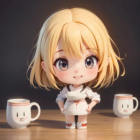 Super Chibi Character：1.8、Blonde Hair、Cute  girl、Cute Costumes、Super Chibi Character：1.8、Super Smile、Holding a beer mug