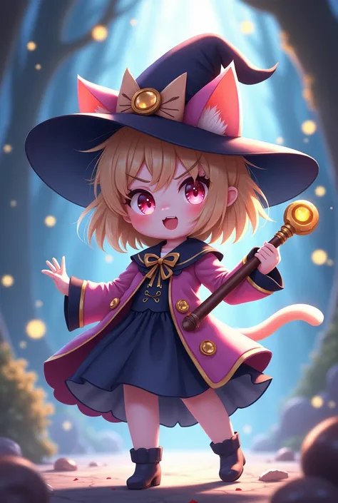 Create a little anime girl, She is very cute and has an angry face, she&#39;s kind of hot, with a cat&#39;s tail and paws and ears too, She wears a small witch hat and a mystical staff that controls reality. 