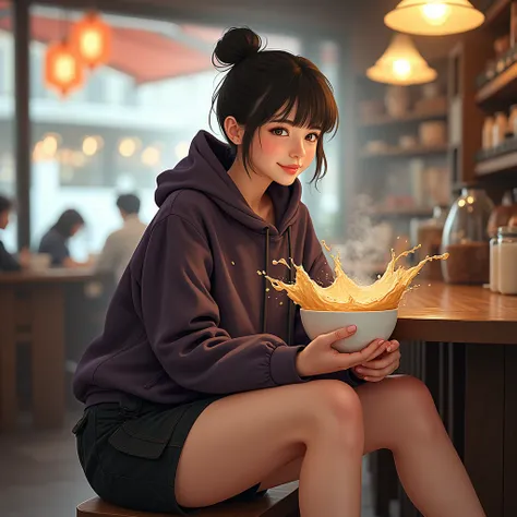  there is a woman in the beautiful Korean coffee,smooth white skin,Korean style hair bun with bangs , wearing a dark purple hoodie, cargo pants, black short with lots of pockets,pose sitting smiling,eyes staring at the camera into the hot coffee evaporatin...