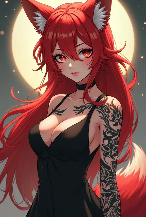 anime female kitsune with red hair and black tattoos