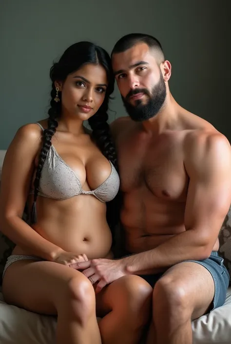 Newly wed  couple, hot curvy south indian milf with single plaited hairstyle, big breast, , woman wearing bikini, cleavage, indian couple, very short Caucasian white man with buzz cut, very big muscular body and beard, man wearing shorts, woman with man, c...