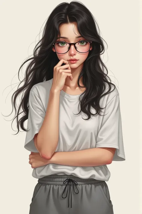 Girl with black brown hair with green eyes and glasses wearing white shirt gray sweatpants 