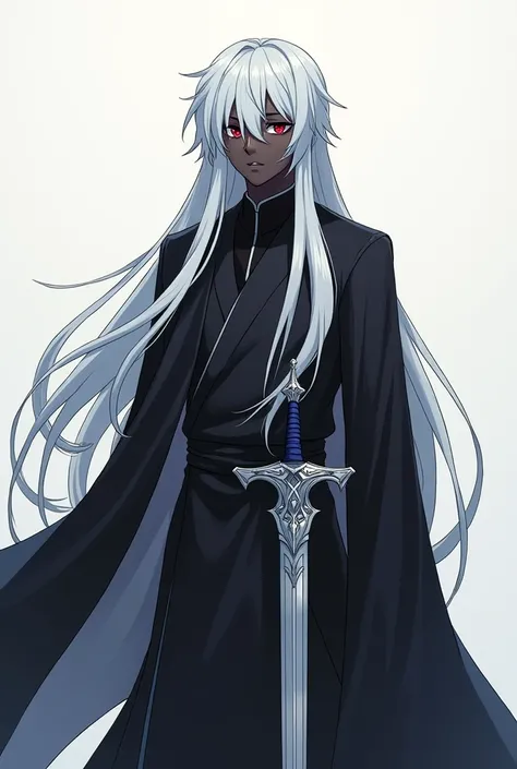 anime version This enigmatic young man stands out with his dark skin, which contrasts dramatically with her long white hair, that flow like a waterfall of silver light. Your red eyes, deep and mesmerizing, seem to glow with an insatiable curiosity. He wear...