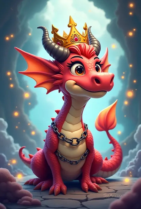 A cartoon style dragon with a crown and chains