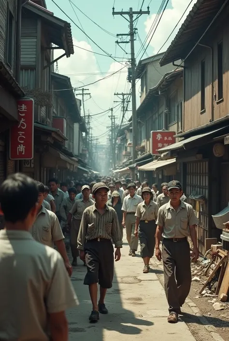 A chaotic and crowded street scene in Sanya district, Japan, during the summer of 1965. The atmosphere is gritty and raw, with groups of laborers and homeless people gathered in the streets. The scene is filled with a mix of old wooden buildings, shabby st...