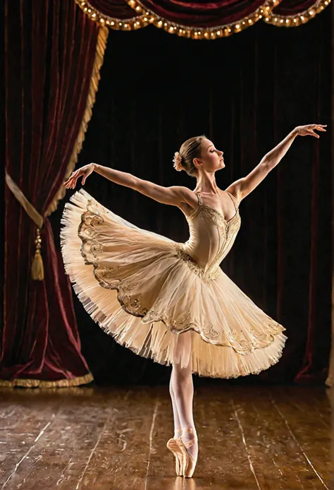 A graceful ballerina in mid-pirouette, her elegant form captured in motion with her tutu swirling around her. She is performing on a polished wooden stage under soft, warm spotlighting that highlights her delicate features and the intricate details of her ...