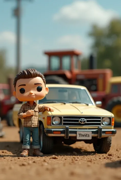 create Funko pop of a man about , short, skinny, 1.50 short hair height with a cream colored 2015 Toyota Hilux with farm machinery background 