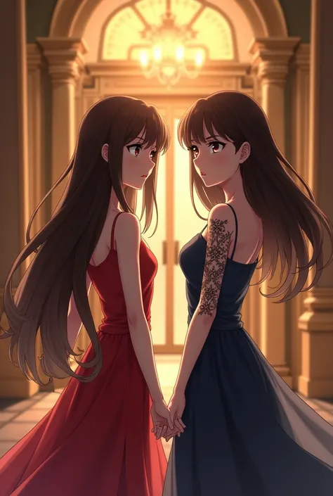 A girl with brown hair,  almond-shaped and brown eyes, brown skin , and another girl with dark brown hair and brown eyes wearing dresses for a gala party . At the entrance of a hotel with expressions of concealed surprise and a little anger  