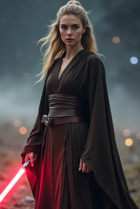 Elizabeth Olsen dressed in a Jedi robe and a lightsaber in her hand