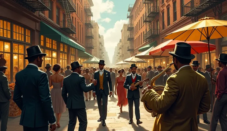 A lively street scene from Harlem in the 1920s. The streets are filled with people in elegant clothing, musicians playing jazz, and street vendors selling goods. The buildings are old brownstones with fire escapes, and the energy of the city feels vibrant ...