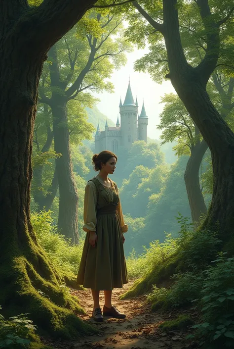 (photorealism:1.2)woman in cheap clothes in the forest with a castle in the distance
