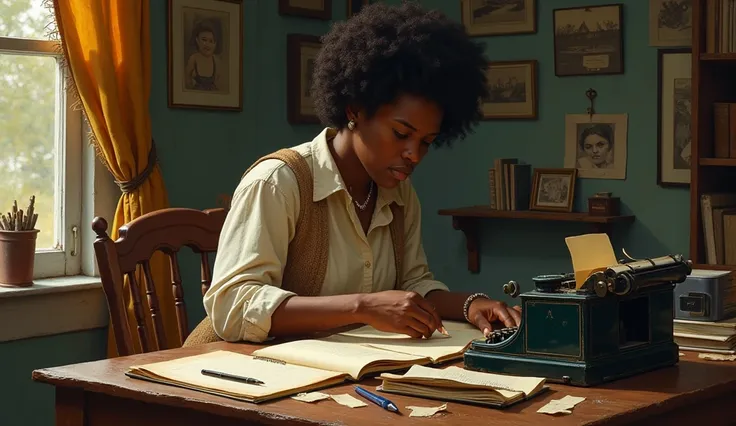 An artistic rendering of Zora Neale Hurston, sitting at a desk surrounded by notebooks and a typewriter. The scene shows her working on her research in a modest Southern home, capturing the intensity and passion of her dedication to African-American folklo...