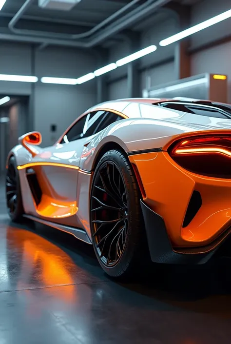 A high-precision model of a cool supercar，The body lines are as smooth and beautiful as streamlines，Sparkling with vivid gemstone white and orange。It is parked quietly in a futuristic modern garage.，Surrounded by advanced high-tech equipment and bright lig...