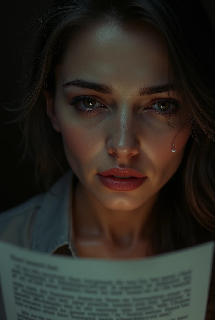 Close-up of Gloria’s face, a single tear rolling down her cheek as she reads the letter. Her face is emotional that you will feel bad. MAKE HER EMOTIONAL ION