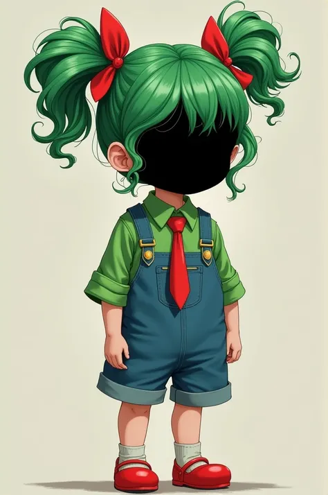 Create a girl with green hair who has her hair tied in a ponytail. She wears a red bow next to her hair. Her face is completely black and her arms too. But the rest of her skin is white. Her clothes are a green shirt with a red tie and overalls. And she we...