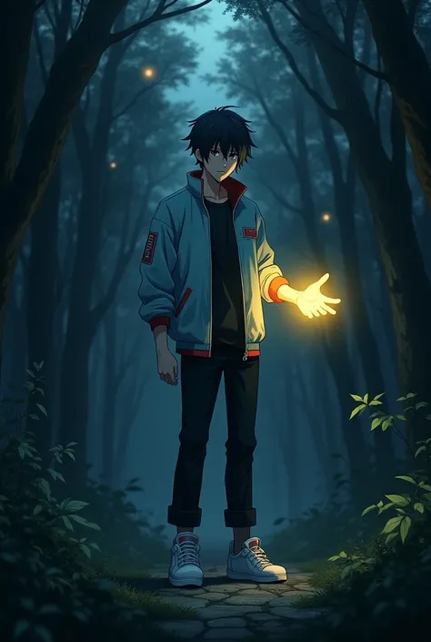 The image is anime style cowboy bebop and Darker than black with shadows and dim lights, anime style although somewhat adult and dark, It shows a single 2 man., black hair and black eyes, serious, Standing in the middle of the forest. His right arm glows c...