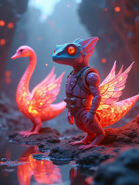 Origami-esque stain glass swans engulfed in Crimson Fire Sparks, a grumpy anthropomorphic chameleon in a bulky  Biopunk suit, Iridescent Opalescent landscape draped in neon-lit surrealism, 4k