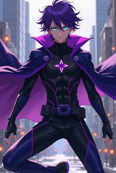 A UA student boy with purple hair and skyblue eyes with an hero costume similar to kirishima’s but with black and purple colors and dark blue long boots and black fingerless gloves, Boku no hero looking badass like a slut 