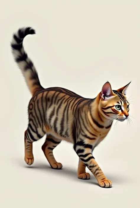 A cat with light brown fur with black and gray stripes that form a marble pattern. The cat is walking to the right